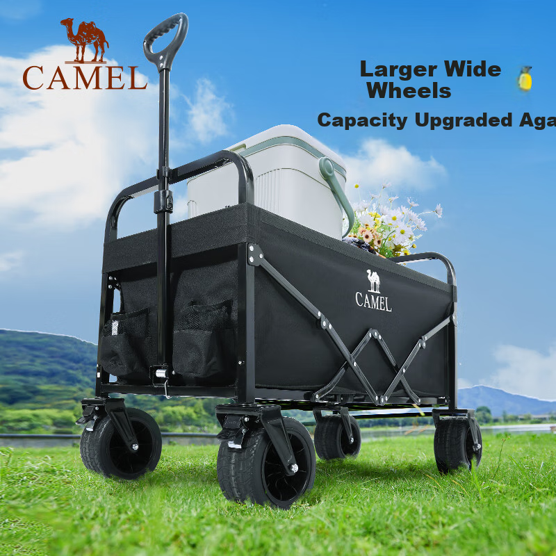 CAMEL Wide-Wheel Camping Cart, Foldable Pushcart for Grocery Shopping, Kids' Playground Trolley, Outdoor Trailer
