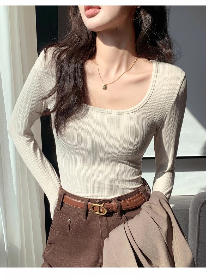 Yuzhaolin Women's Basic Long Sleeve T-Shirt Thin Large U-Neck Slim Fit Simple Versatile Top for Spring and Autumn 7
