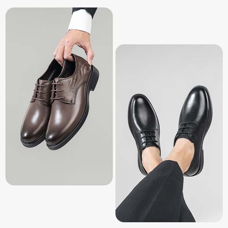 Kangnai Leather Shoes, Spring Style, Commuter Business Casual Shoes for Men, Soft Sole Comfortable Office Formal Derby Shoes Groom Shoes, Black, Size 42 13