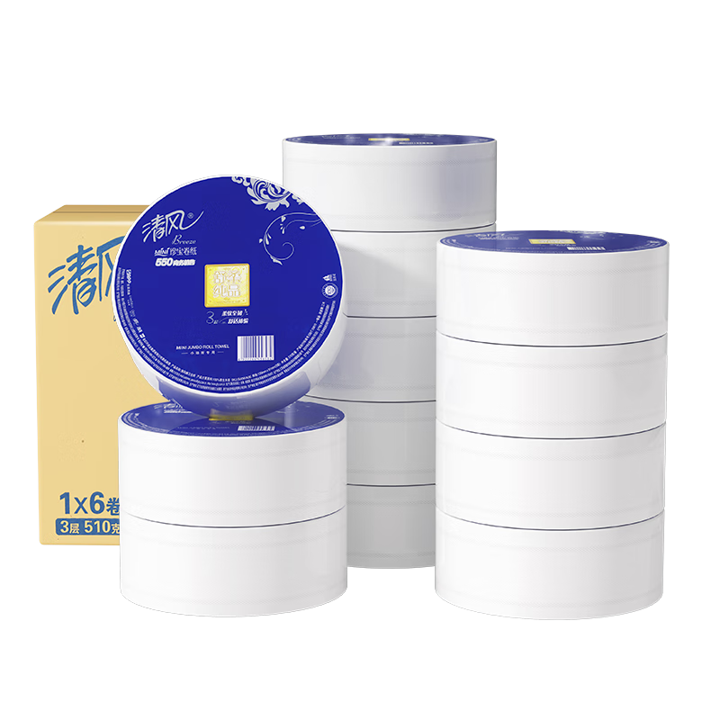 Qingfeng Commercial Large Roll Toilet Paper, 3-Ply, 510g*6 Rolls, Core-Wrapped, for Hotels And Bathrooms, BJ0WA3E