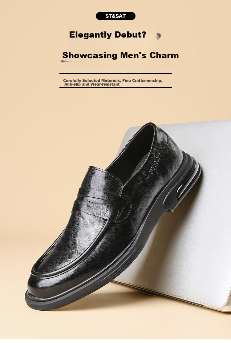 St&Sat Men's Shoes, Top-Grain Leather, Formal Business Dress Shoes, Versatile Slip-On Casual Leather Shoes for Men, Black, Size 43 1