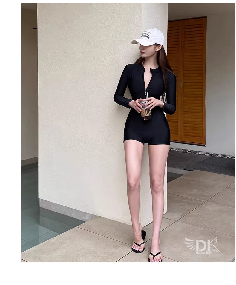 DK Women's Swimsuit, 2026 New Style, Long-Sleeve One-Piece with Boy Shorts, Tummy Control, Slimming, Sports, Hot Spring Swimwear, Size M 3