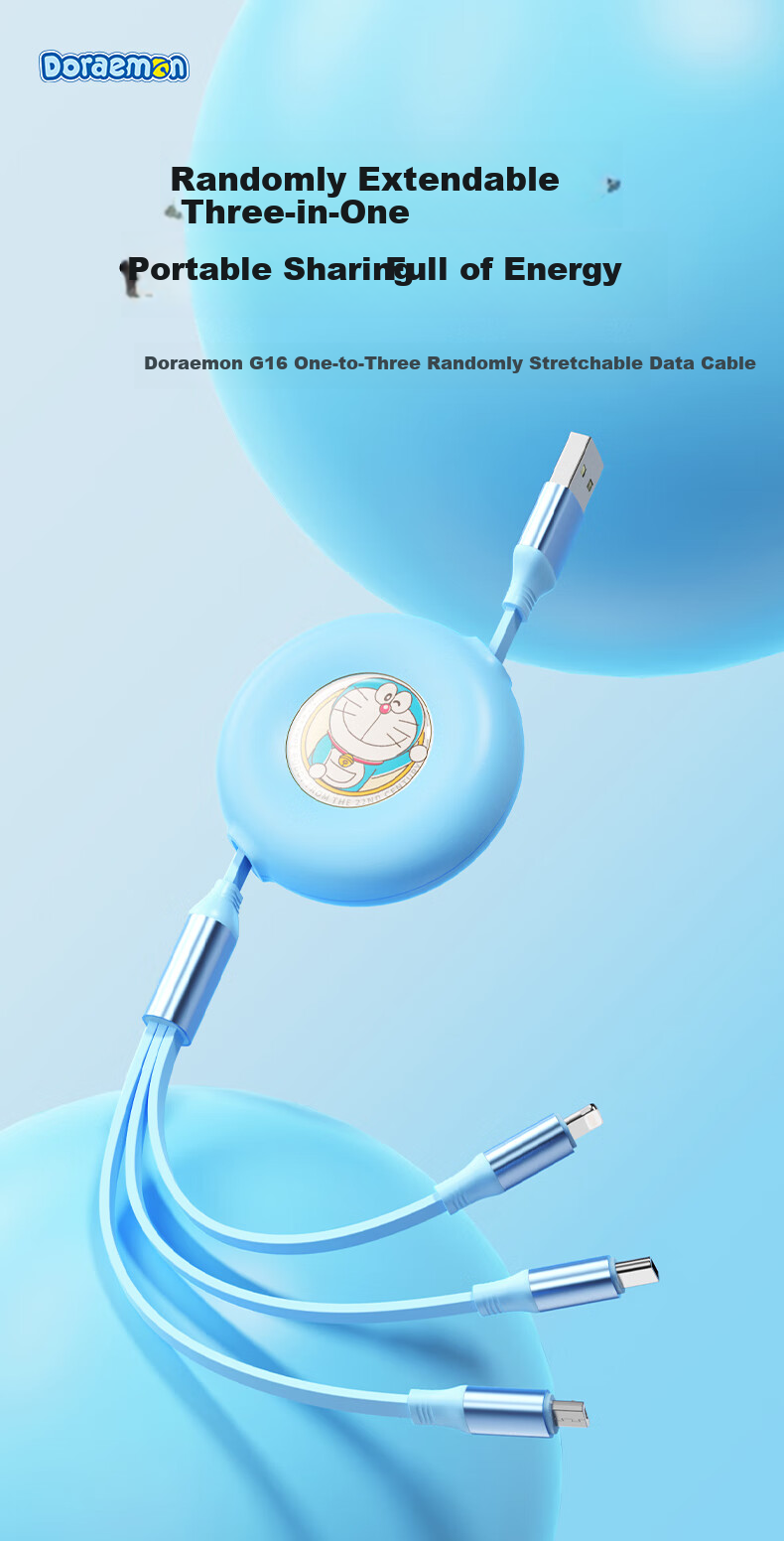 ROCK Doraemon Data Cable, Three-In Charging Cord, One-To Retractable Fast Charging, 3.5A Car Charger for IPhone, Apple 18 Pro Max/17/16, Huawei, Android Phones 1