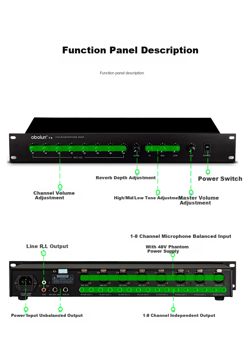 Oulaisheng (Obolun) T-8 Professional 8-Channel Mixer + 48V Phantom Power Microphone Preamp 12