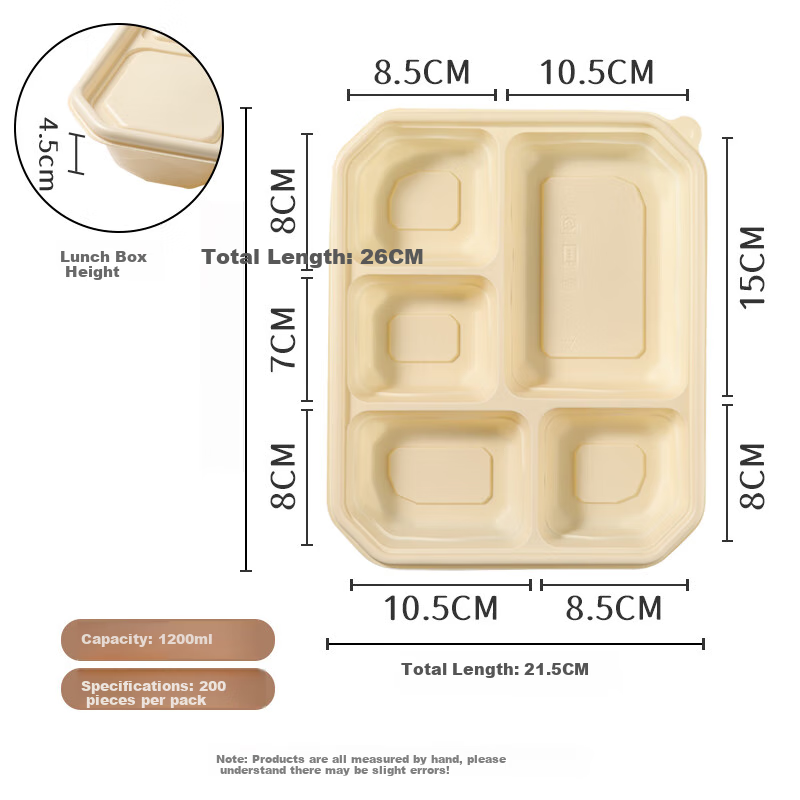 BJ Corn Starch Disposable Food Containers, Biodegradable Microwave-Safe Lunch Boxes with Lids, Takeout Meal Boxes, 5 Compartments * 200 Sets
