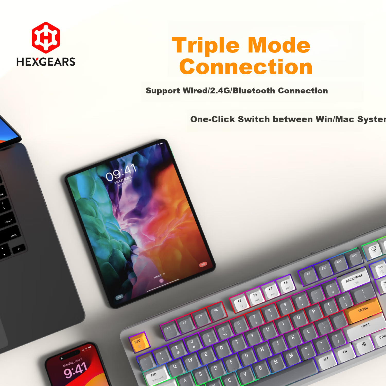 Игровая механическая клавиатура Hyeku Q5pro, 108 клавиш, три режима подключения (проводной, Bluetooth, радиоканал), горячая замена, структура Gasket, подсветка RGB, Kailh Mulan Switch