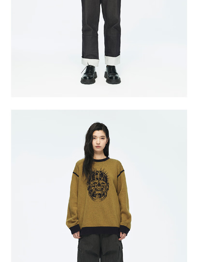 Black Myth Jinchi Phantom Double-Sided Sweater Mustard Yellow/Navy Blue L Size Black Myth Wukong Official Merchandise Unisex Wool Blend Warm Crew Neck Pullover Loose Knit 8