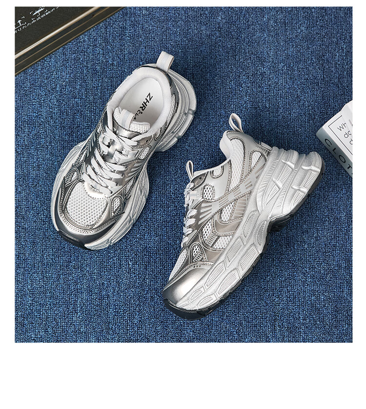 ZHR Silver Dad Shoes for Women, Trendy Sports Casual Couple Shoes, Thick-Soled Height-Increasing Women's Shoes, JT67 Silver, Size 39 20