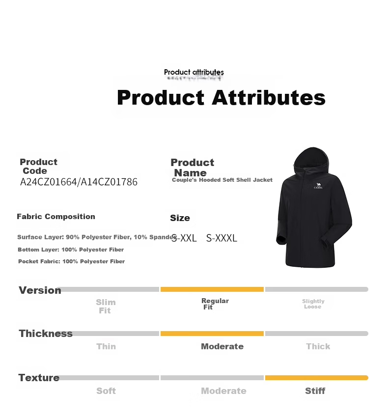 CAMEL Outdoor Integrated Hooded Soft Shell Jacket for Women, Loose-Fitting Top, Water-Repellent, Water-Resistant, Fleece-Lined Coat for Men A14CZ01786 12