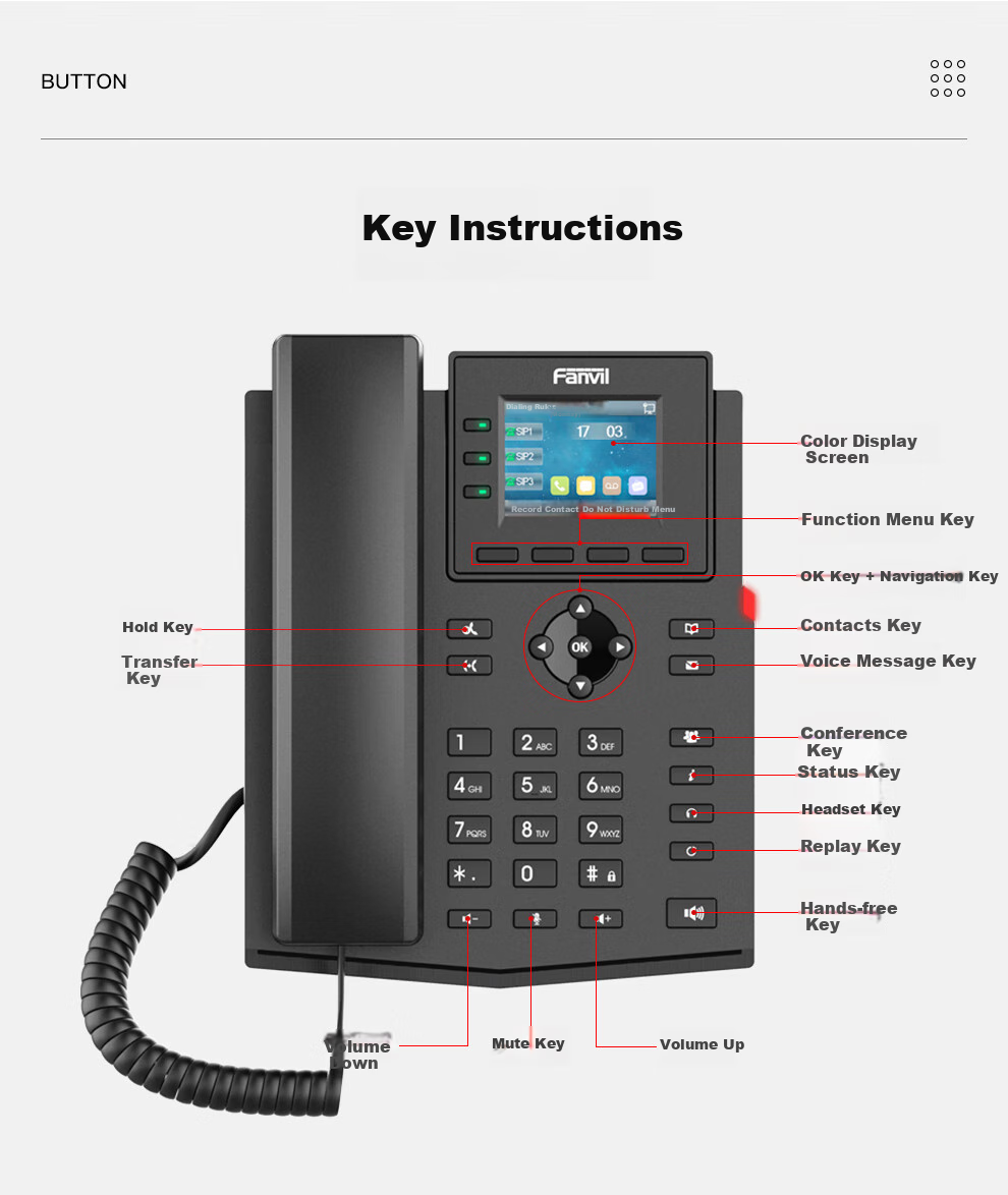 Fanvil X303W SIP Telephone with Color Display Screen, HD Voice Quality, Six-Way Conference, And Network Phone System 8