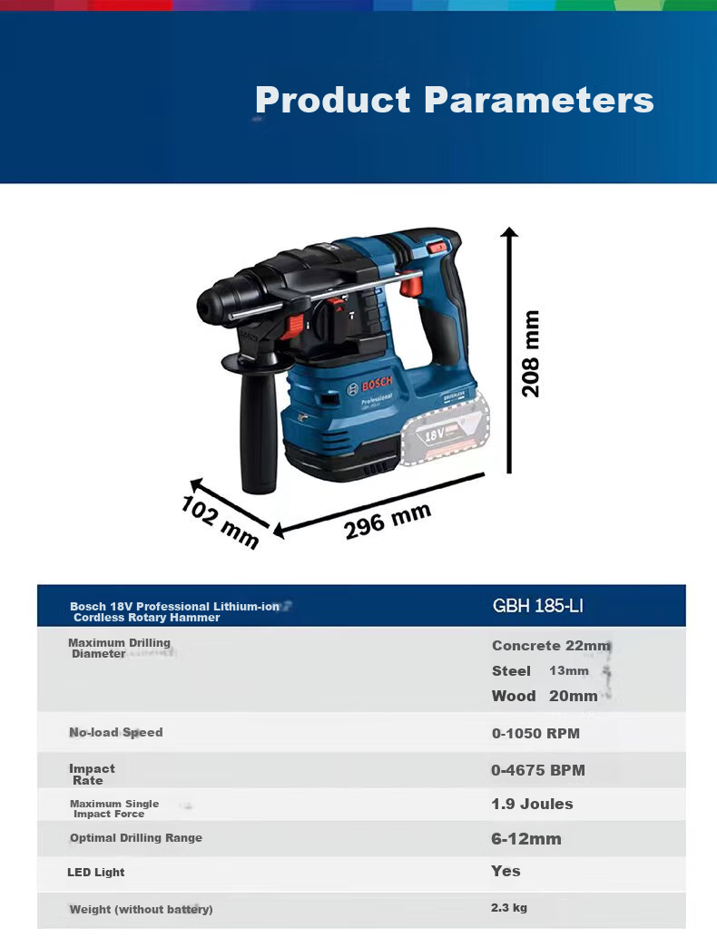 BOSCH Electric Hammer, Impact Drill, Electric Drill, Rechargeable, Household Multi-Function Brushless, 18V Lithium Battery, GBH185 5.0Ah Dual Battery 14