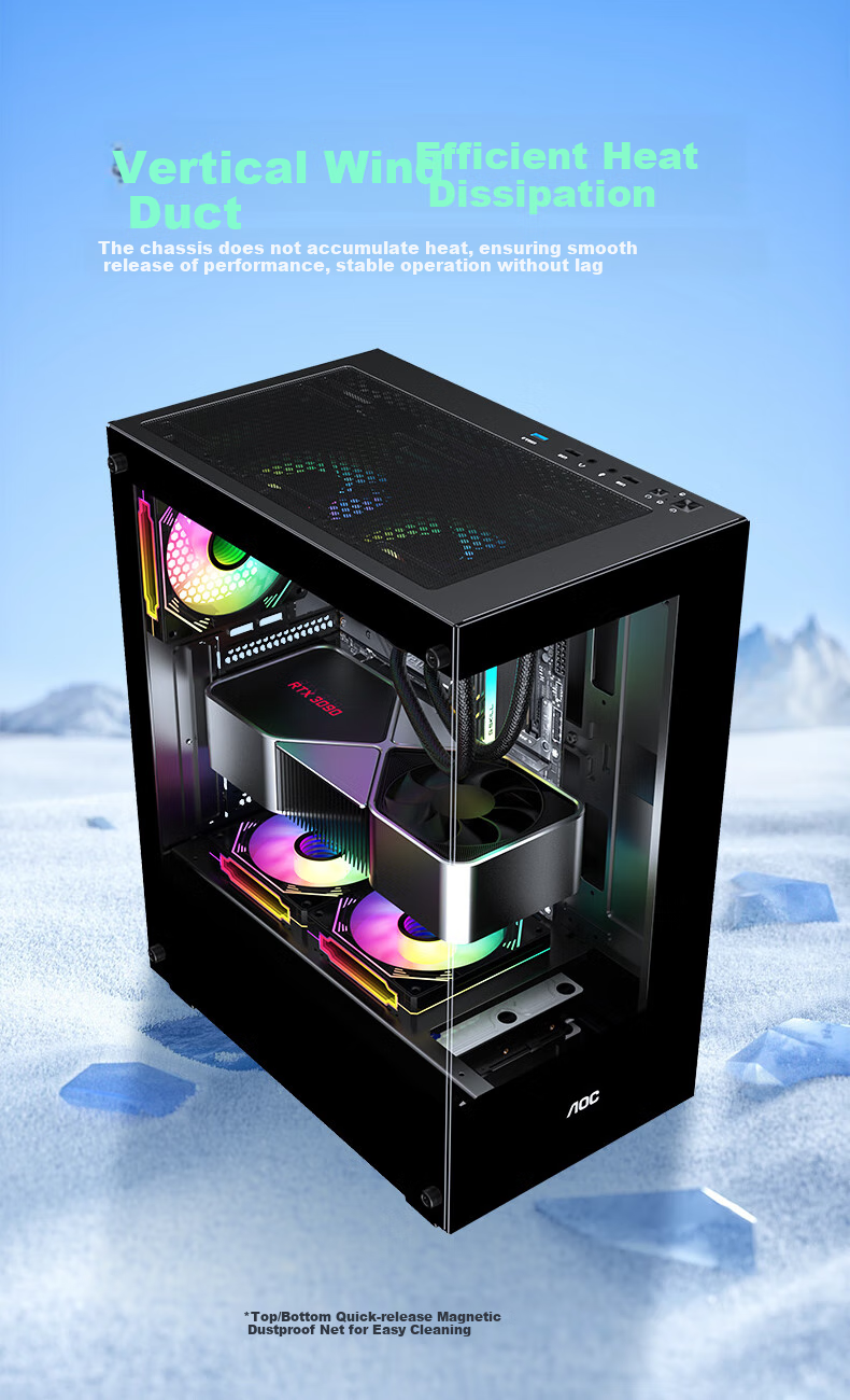 AOC CG390B Black Gaming Computer Tower Case, Dual-Sided Glass, Supports ATX Motherboard, 240mm Water Cooling, 5 Fan Positions, 270° Panoramic View, Upper And Lower Compartments 4