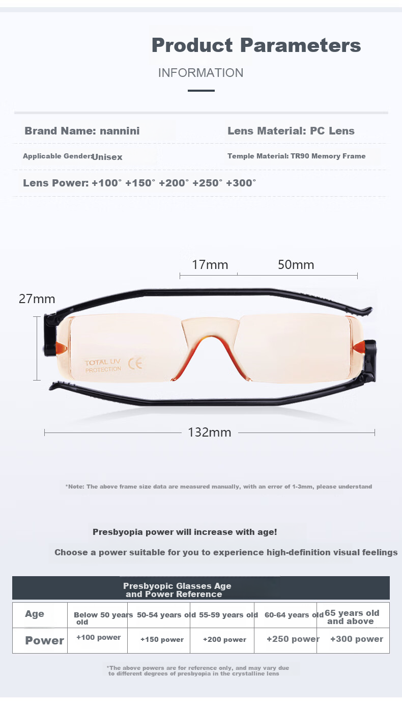 NANNINI Imported Anti-Blue Light Reading Glasses, Lightweight, Fashionable, Foldable, Portable, Frameless, High-Definition Reading Glasses, Amber Color, 100 Degrees 3