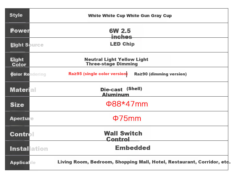 FSL Foshan Lighting LED Deep Anti-Glare Narrow-Frame Downlight, 2.5 Inch 6W High Color Rendering Ra90, Three-Stage Color Adjustment, Pressure-Cast Aluminum, Rouyue Series White Cup 8