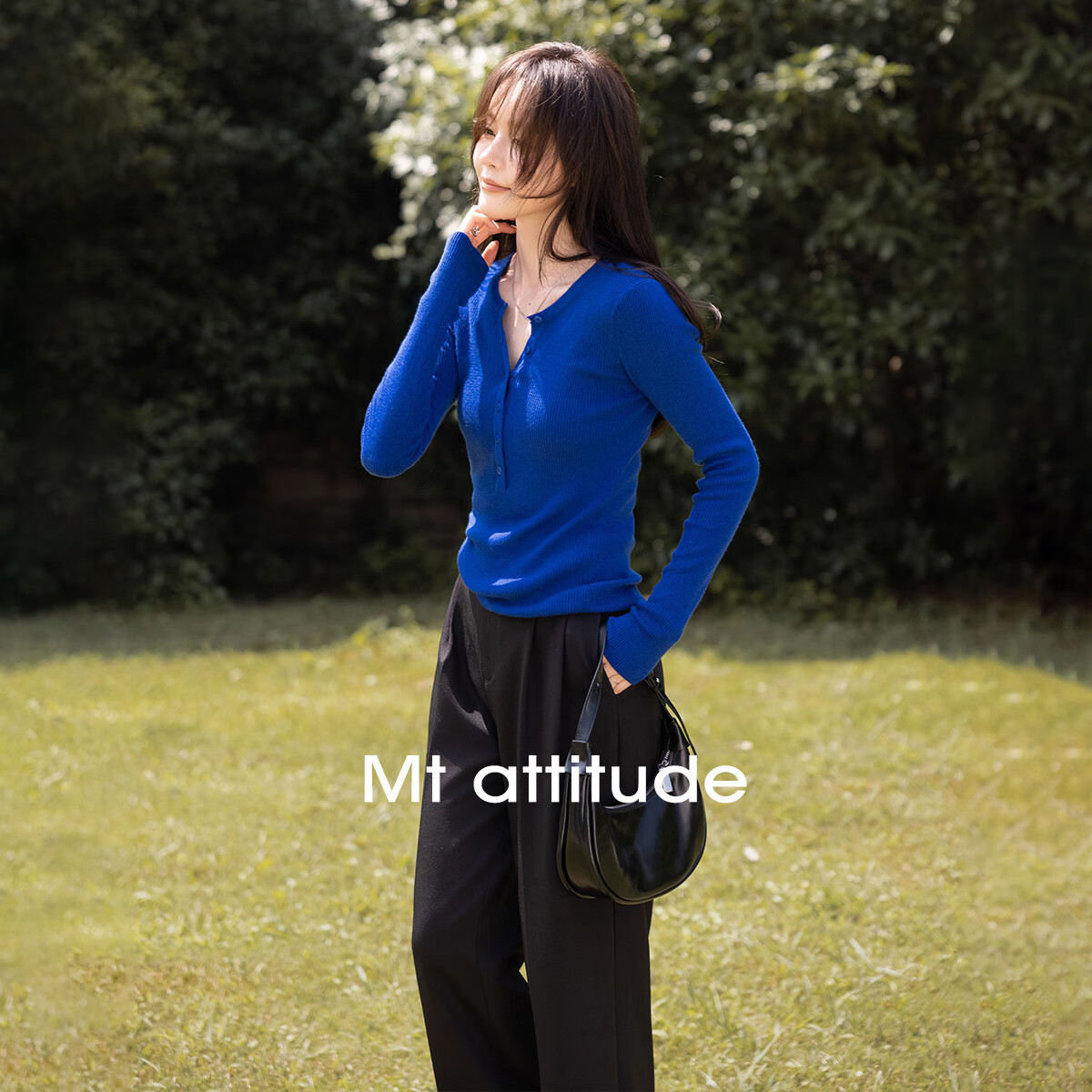 Mt [Hanfan Geleixi] Autumn Style, Elegant Round Neck Fashionable Versatile Half-Zip Long-Sleeve Sweater, Klein Blue
