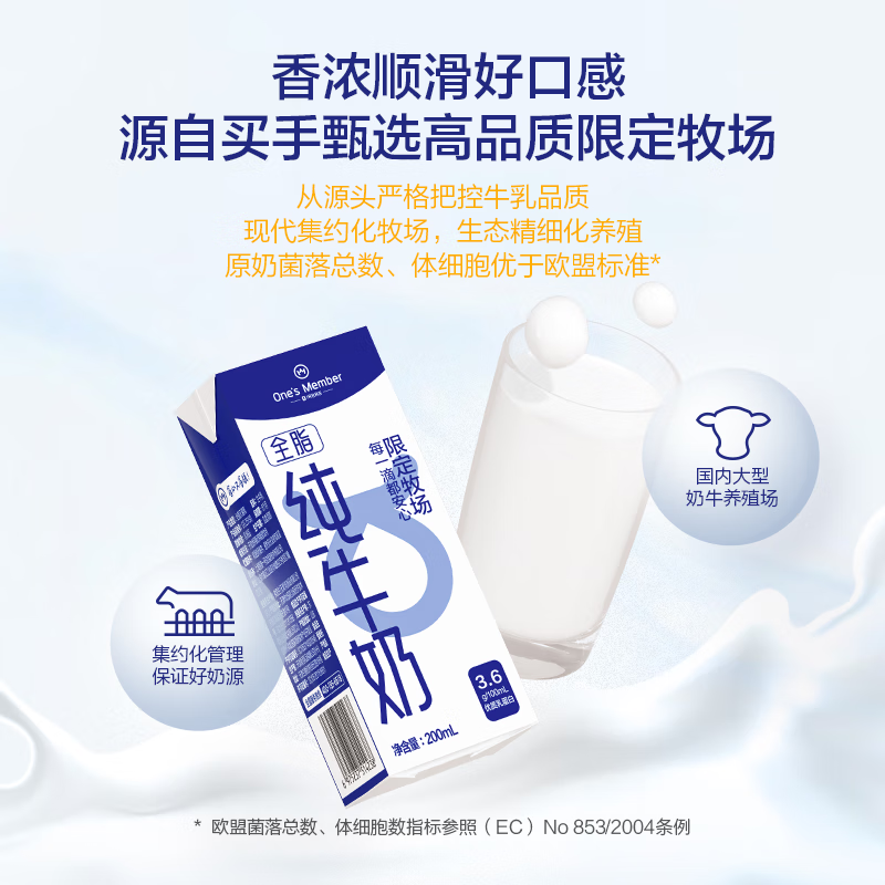 1号会员店（One's Member）3.6g蛋白纯牛奶 200ml*30盒 量贩装 早餐咖啡 