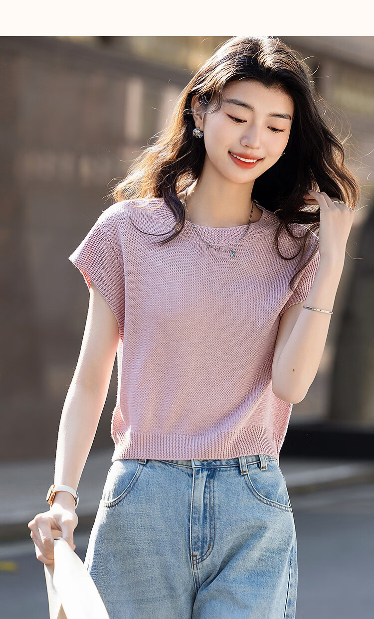 Dme [Selected Bamboo Fiber] Summer Elegant Round Neck Sleeveless Sweater, Short Elastic Slim-Fit Knitted Top for Wome 9