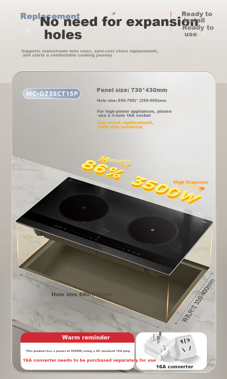 Midea Concave Induction Cooker, Dual Burner, 3500W High Power, Ceramic Cooktop, Built-In Electromagnetic Stove, Compatible with All Cookware, Timer Cooking, Constant Even Heat, Integrated Panel, Wear-Resistant And Easy to Clean, DZ35AT09P 3