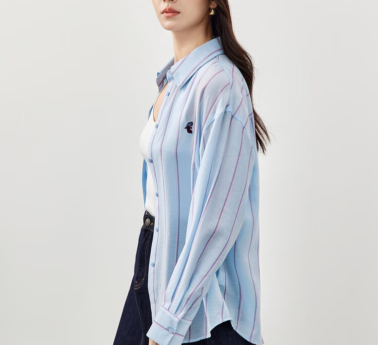 Sentubila Spring And Autumn Commuter Blouse for Women, Light Luxury High-End Slimming Shirt, Loose Long-Sleeve Thin Top, Blue Striped, L 16