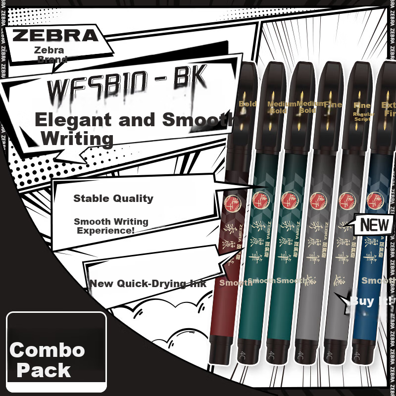 ZEBRA Quick-Drying Calligraphy Brush Set for Students, 6 Pieces (Fine Line *1, Small Regular Script *2, Medium Regular Script *2, Large Regular Script *1)