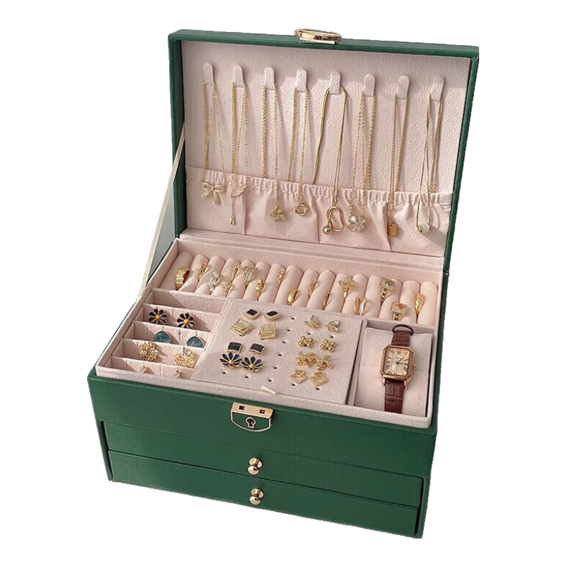Fanyejia Luxury Large Capacity Lockable Jewelry Box for Necklaces, Rings, Watches, Gold, 3-Layer Organizer Gift Box