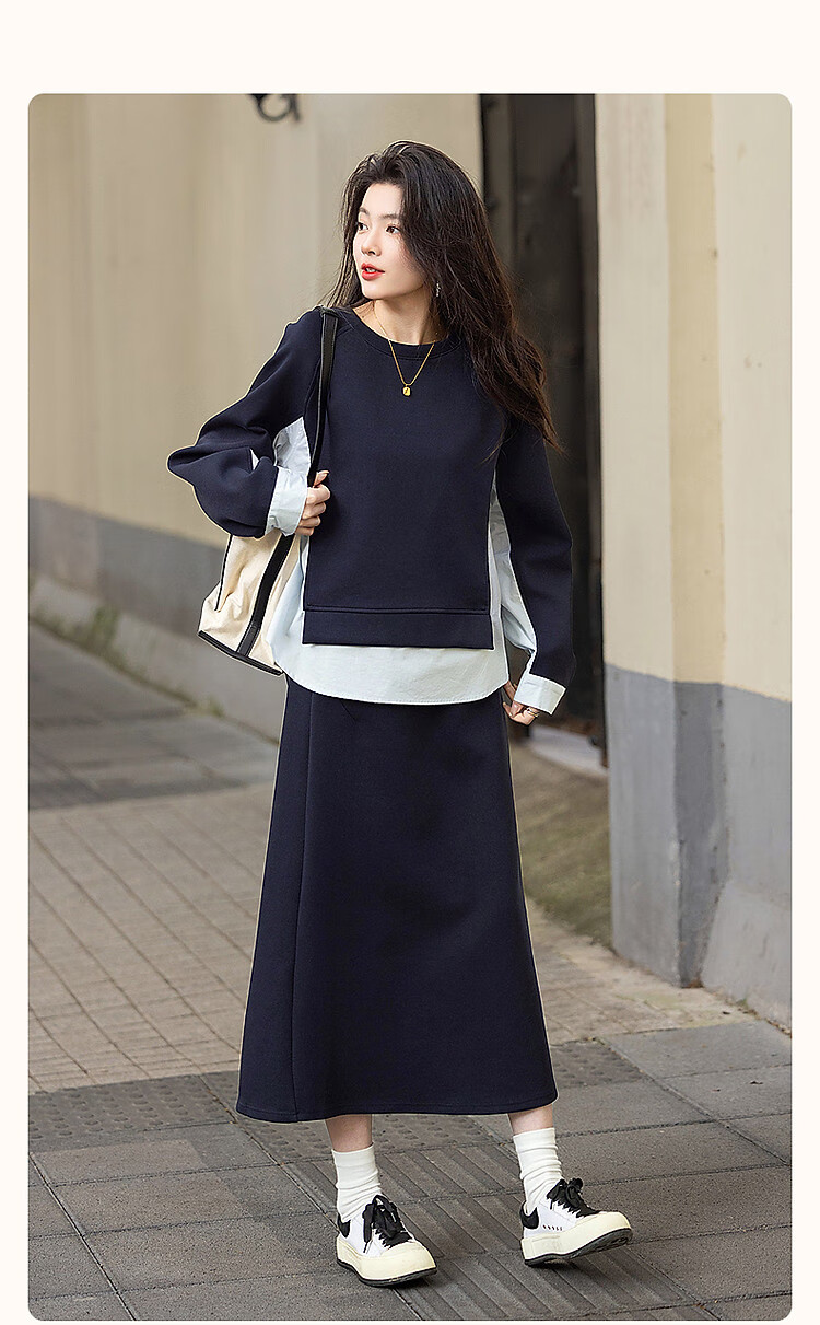 Dme 350G Air Layer Set Spring Autumn Fashion Colorblock Sweatshirt and Elastic Waist Split Skirt Two-Piece Set for Women 1