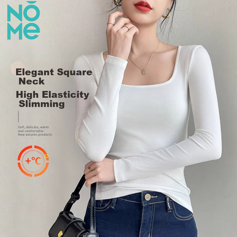 NOME Square Neck Ribbed Long Sleeve T-Shirt for Women, Autumn New Style Design Waist-Cinching Slimming Inner Layer Top, White, 2XL