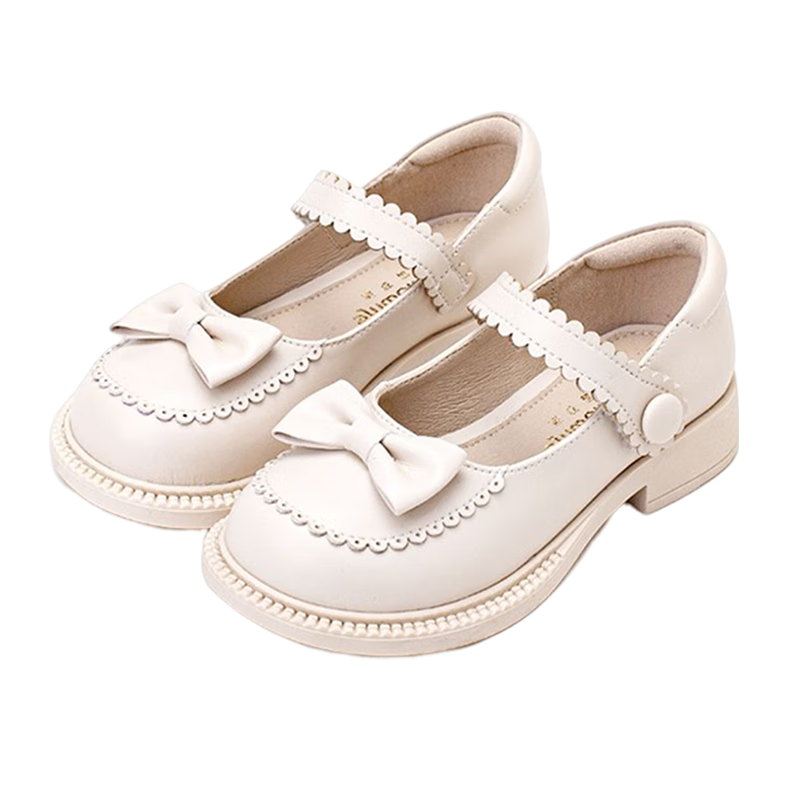 Follow Me Girls' Leather Shoes Spring And Autumn Fashion Soft-Soled Flats Sweet Breathable Princess Shoes for Little Girls Beige Size 27