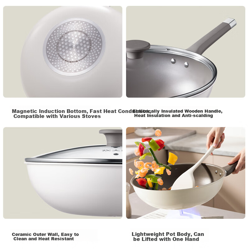 COOKER KING Non-Stick Wok, Easy to Clean, Low Smoke, Flat Bottom Frying Pan, 32cm, Compatible with Induction Cookers, Ceramic Crystal CJ32CG