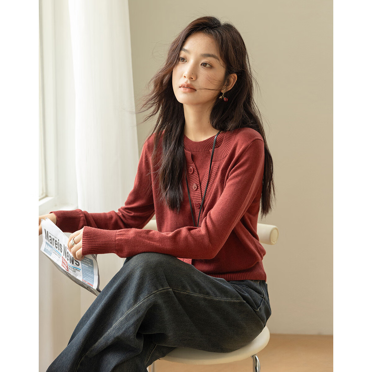 Dme [Containing Wool] Spring And Autumn Stylish Faux Two-Piece Embroidered Round Neck Sweater, Petite Knit Top for Wome