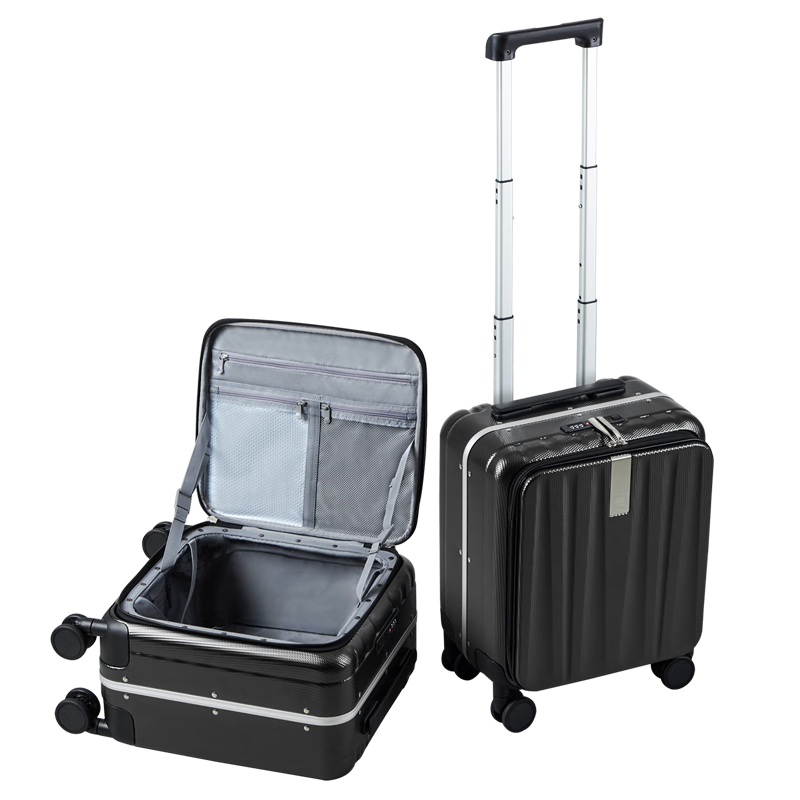 HANKE Luggage Suitcase for Men And Women, Carry-On Travel Case, 14-Inch Onyx Black Password Lock, Storefront Front Opening Aluminum Frame