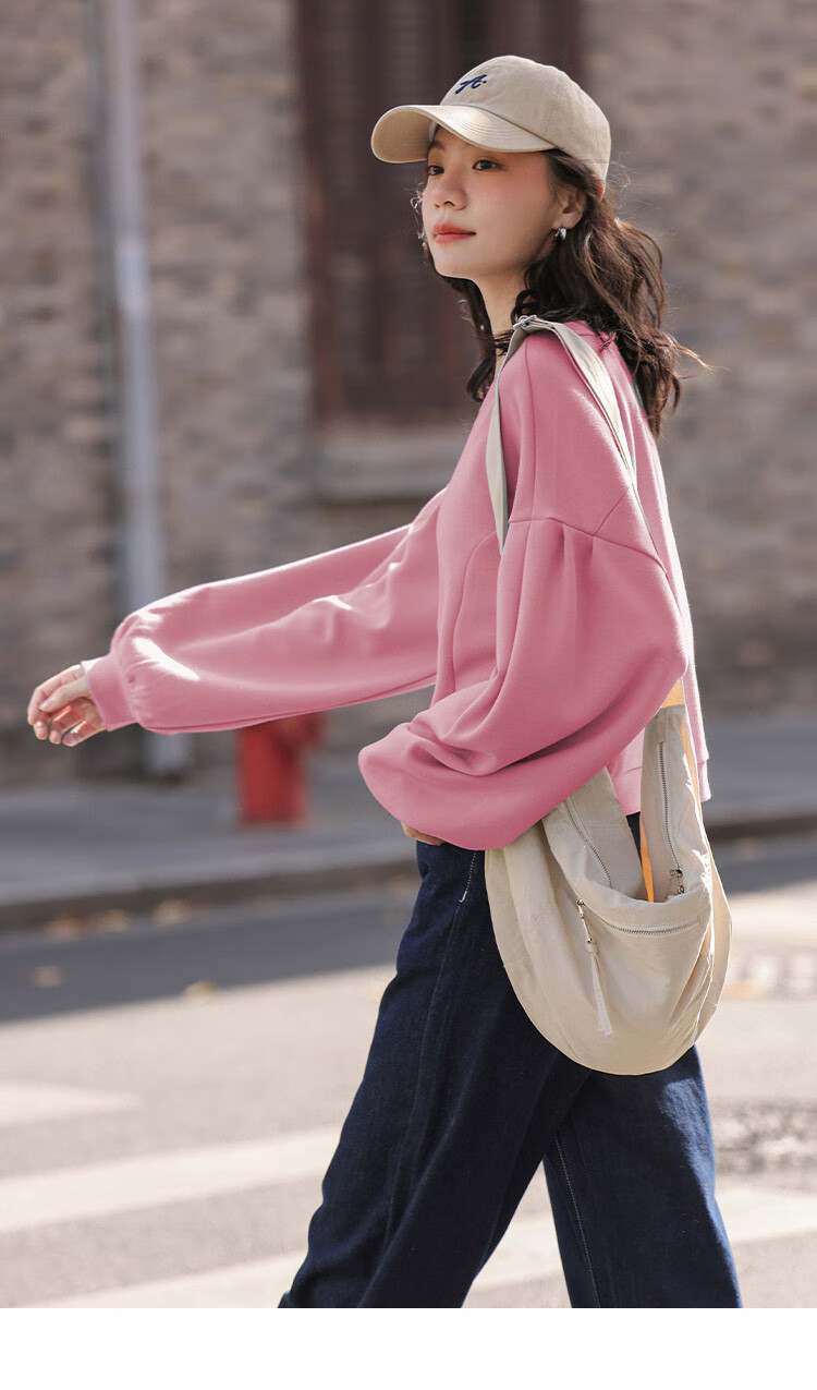 Dme [Raspberry Pink Short Puff Sleeve] Autumn Round Neck Drop Shoulder Puff Sleeve Plus Size Split Design Sweatshirt 9
