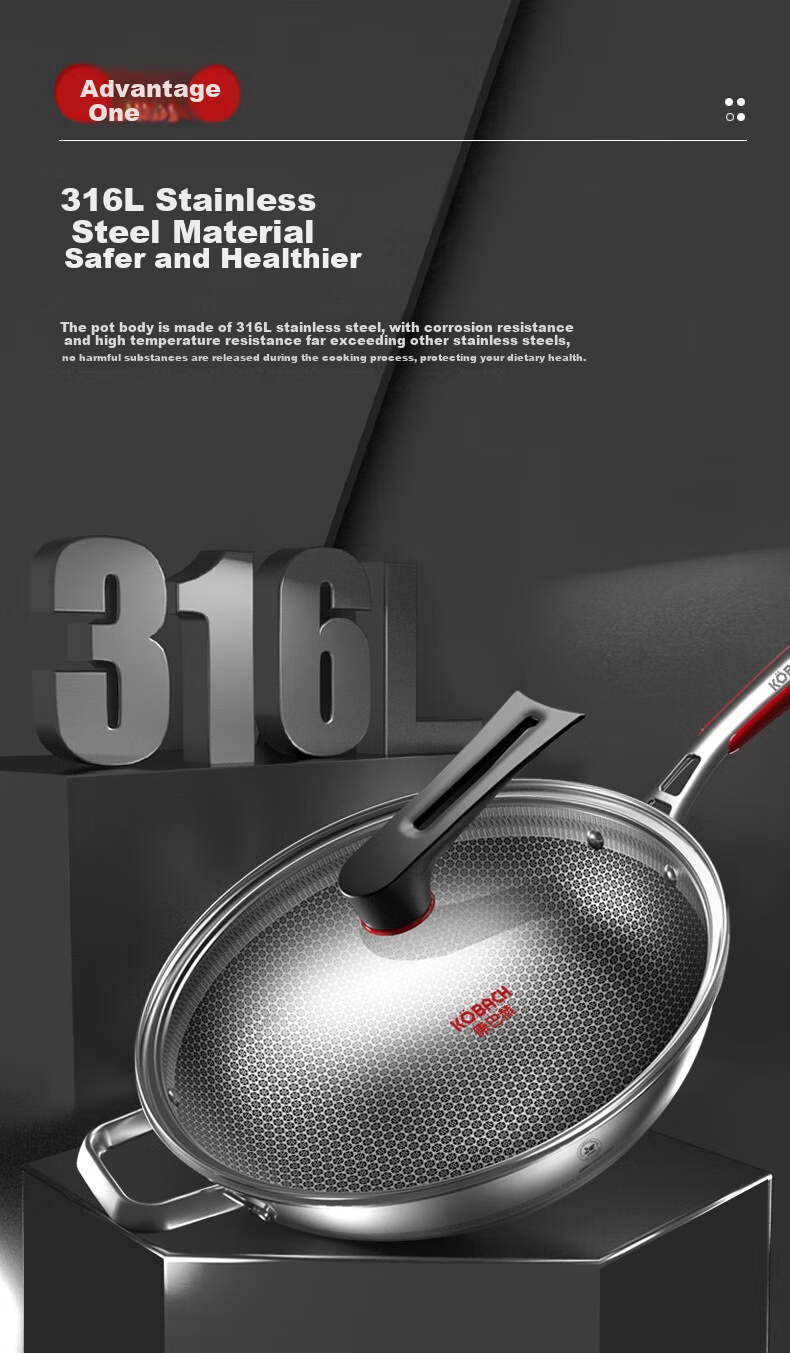 KOBACH Non-Stick Wok, 316L Stainless Steel Frying Pan, 34cm Extra Large Size, Low Smoke, Flat Bottom, Suitable for Gas And Induction Stoves 2