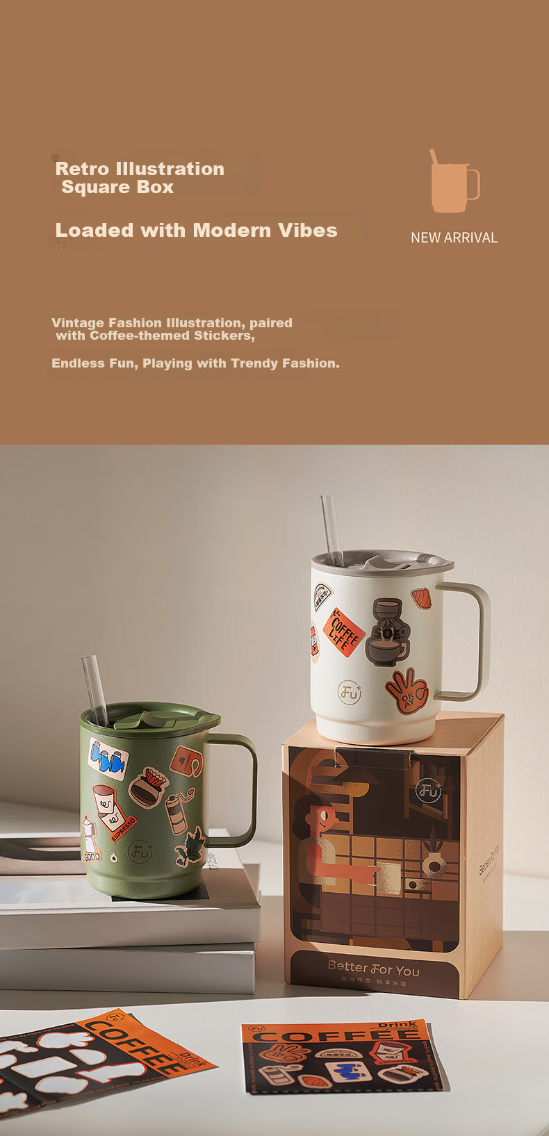 FU Fugang Jia Office Insulated Antibacterial Stainless Steel Tea Mug High-Value Lid Straw Water Bottle 12