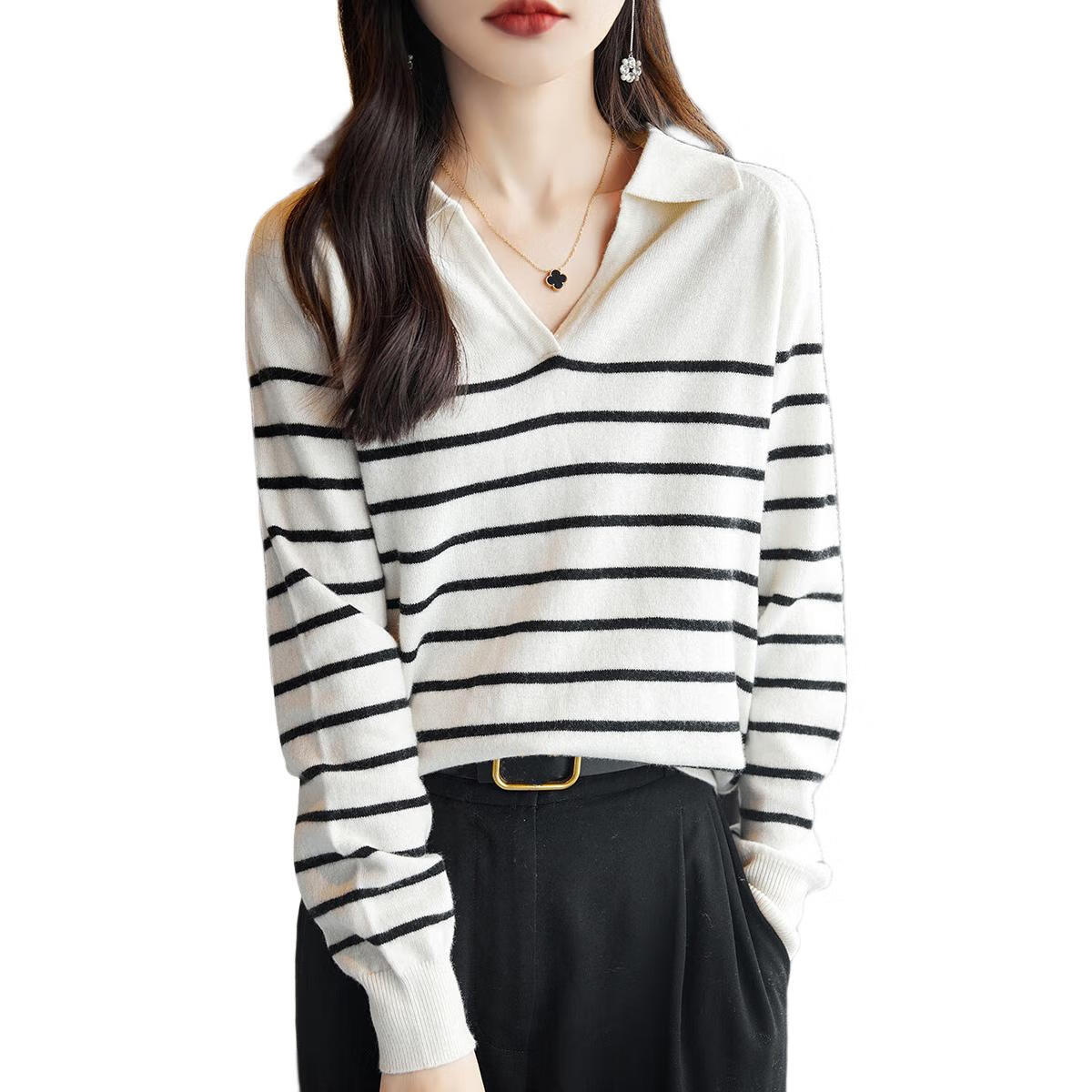 Dme Wool V-Neck Striped Sweater, Elegant And Relaxed Women's Wool Sweater, Off-White, L