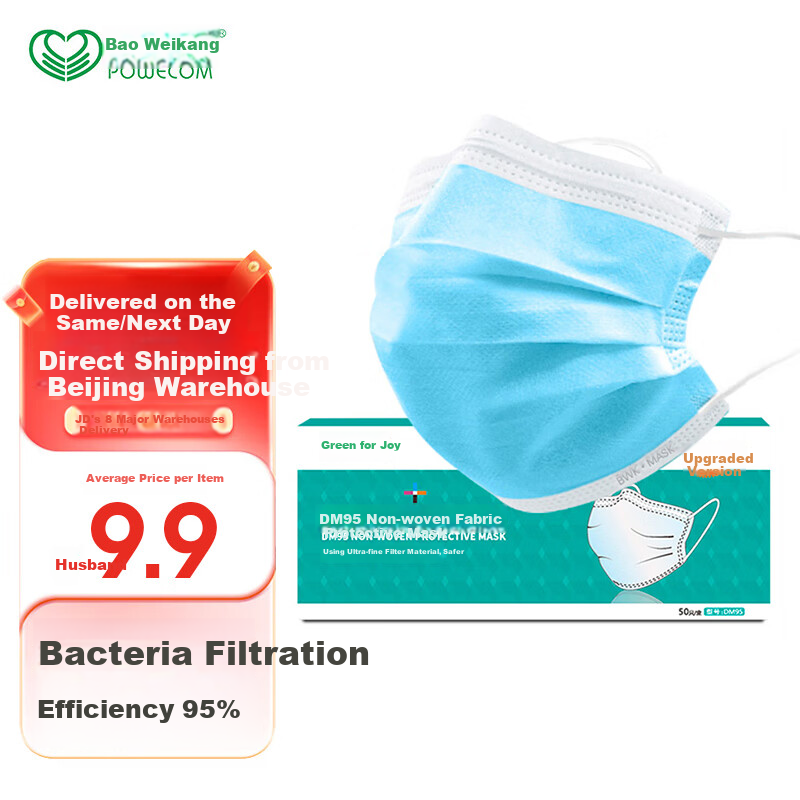 Baoweikang DM95 Disposable Protective Face Mask, Three-Layer Non-Woven Fabric, Blue, Protects against Influenza, Smog, Pollen, Breathable, Comfortable Protective Mask