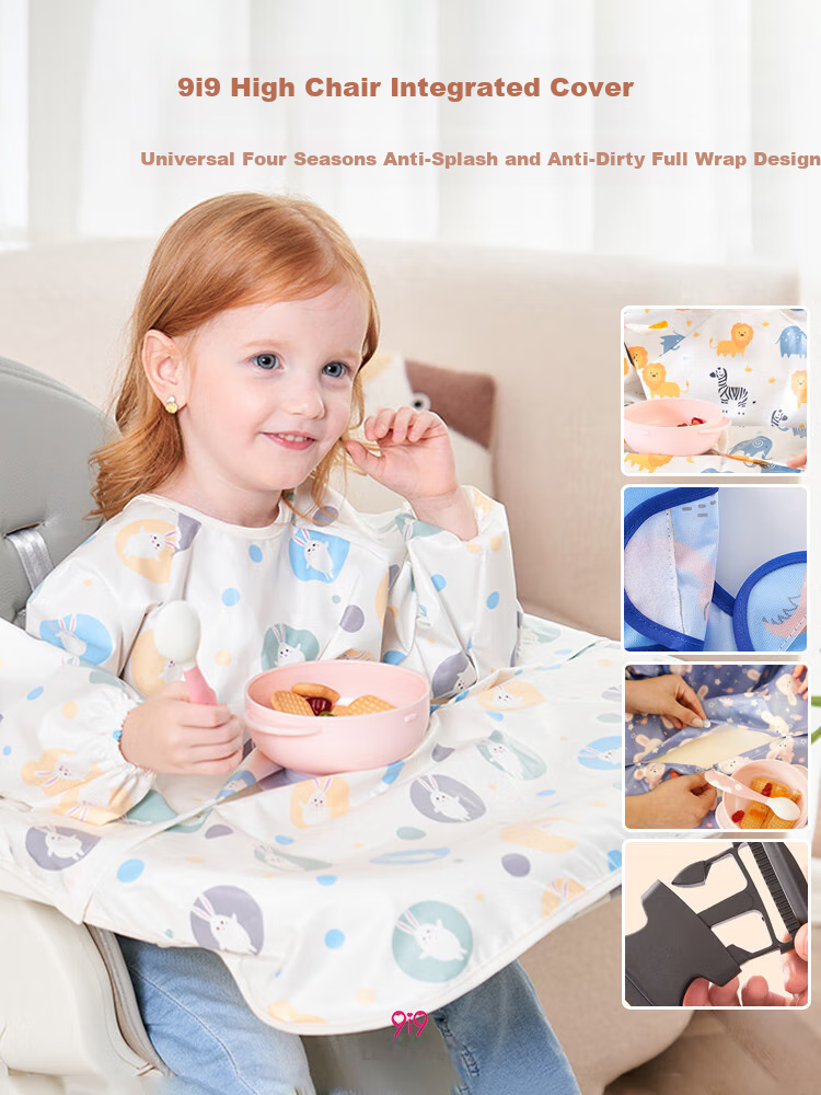 9I9 Baby Eating Cover Chair Set, Water-Resistant, Detachable, Infant Anti-Dirt Bib, Long-Sleeve Apron, A221 Rabbit 1