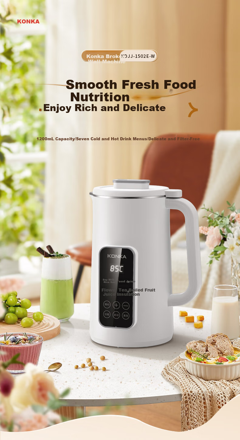 KONKA Soy Milk Maker, 1.2L Home Automatic Multifunctional Blender for 1-2 People, No Filtering Required, Pulp-Free, 12H Reservation, Low Noise, Hands-Free Cleaning, KDJJ-1502E 1