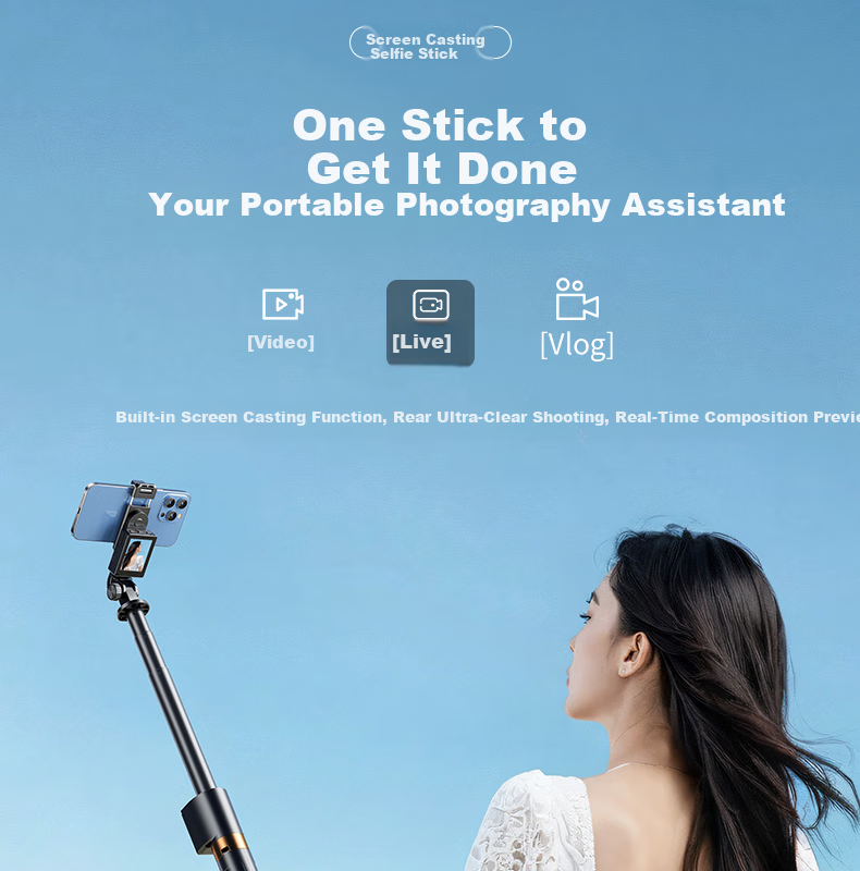 FUNSNAP Selfie Stick with Beauty Light, Handheld Telescopic Tripod for Mobile Phones, 360° Rotatable Multi-Functional Portable Floor Stand for Travel Live Streaming Outdoor Use 3