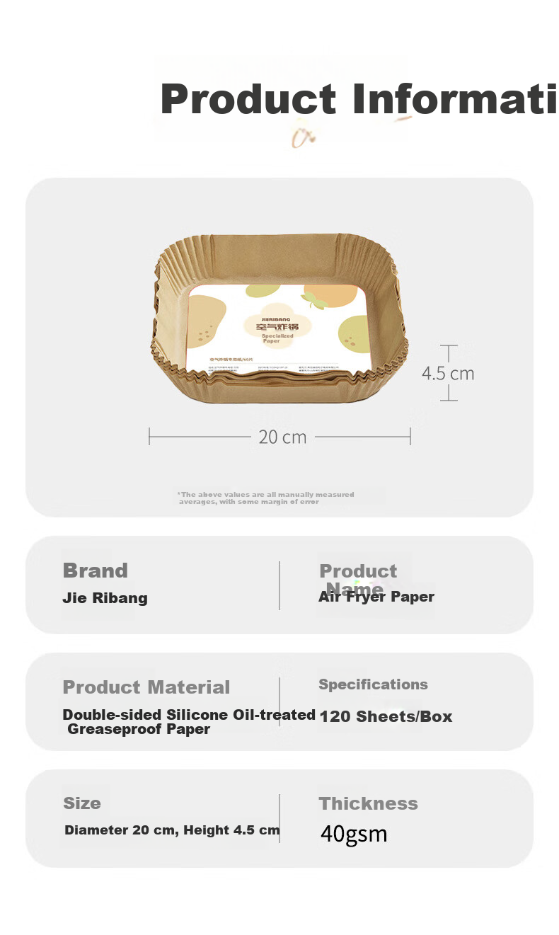Jieribang Air Fryer Paper, Square Shape, 120 Sheets, Food-Grade Paper Tray for Barbecue And Baking, Thick Oil-Absorbing Paper Mat for Home Use 7