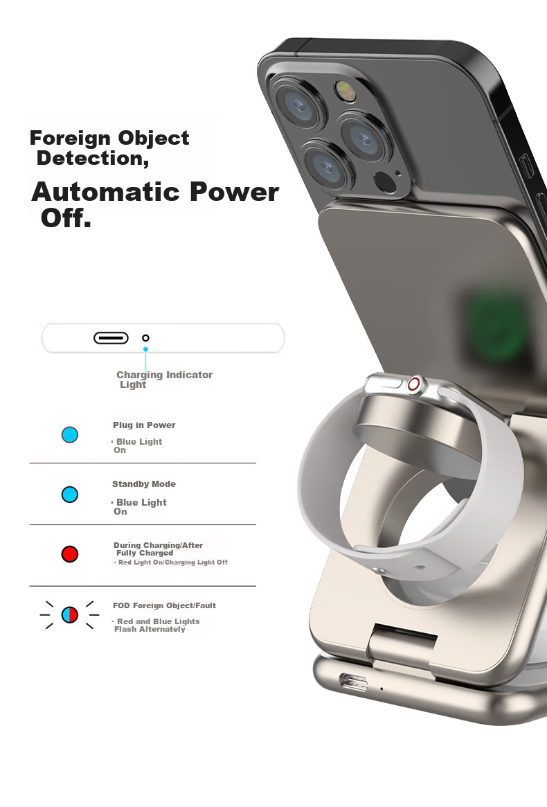 Jingshan Foldable Three-In Wireless Charger, 15W MagSafe Magnetic Stand, Portable Travel, for Apple IPhone, Earphones, IWatch, AirPods, Fast Charging Statio 5