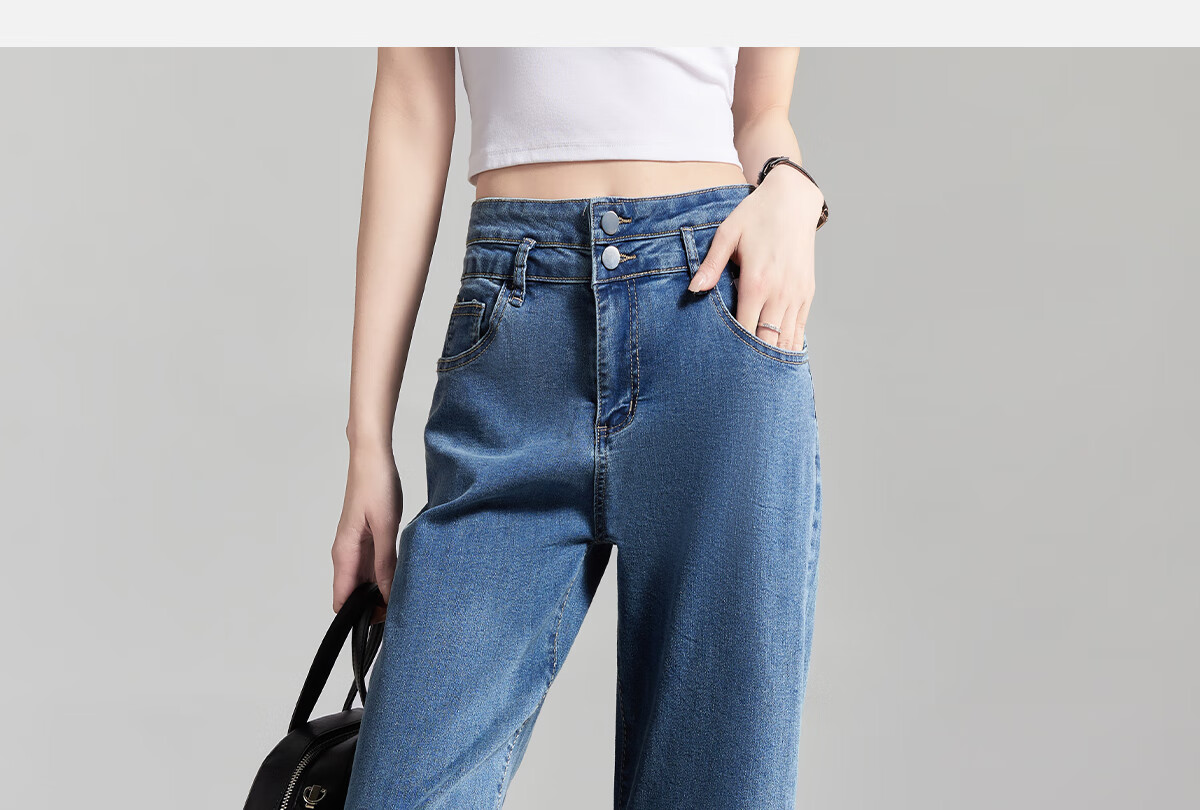 PinCai Women's Cropped Jeans, Petite Size, Solid Color, Slim Fit, High-Waisted, Stretchy, Side Slit, Straight-Leg Casual Pants P12KN1978 11