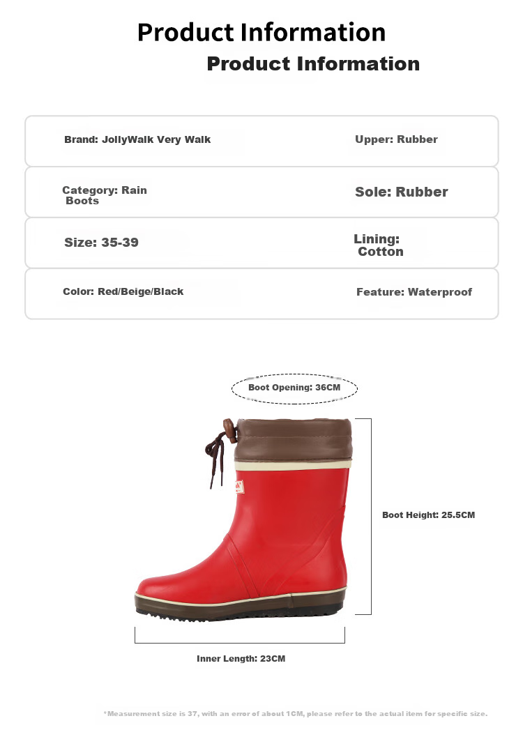 Jolly Walk Women's Rain Boots, Short Fashionable Waterproof Rubber Shoes, Overshoes, Water Boots JW302 Red Size 36 8