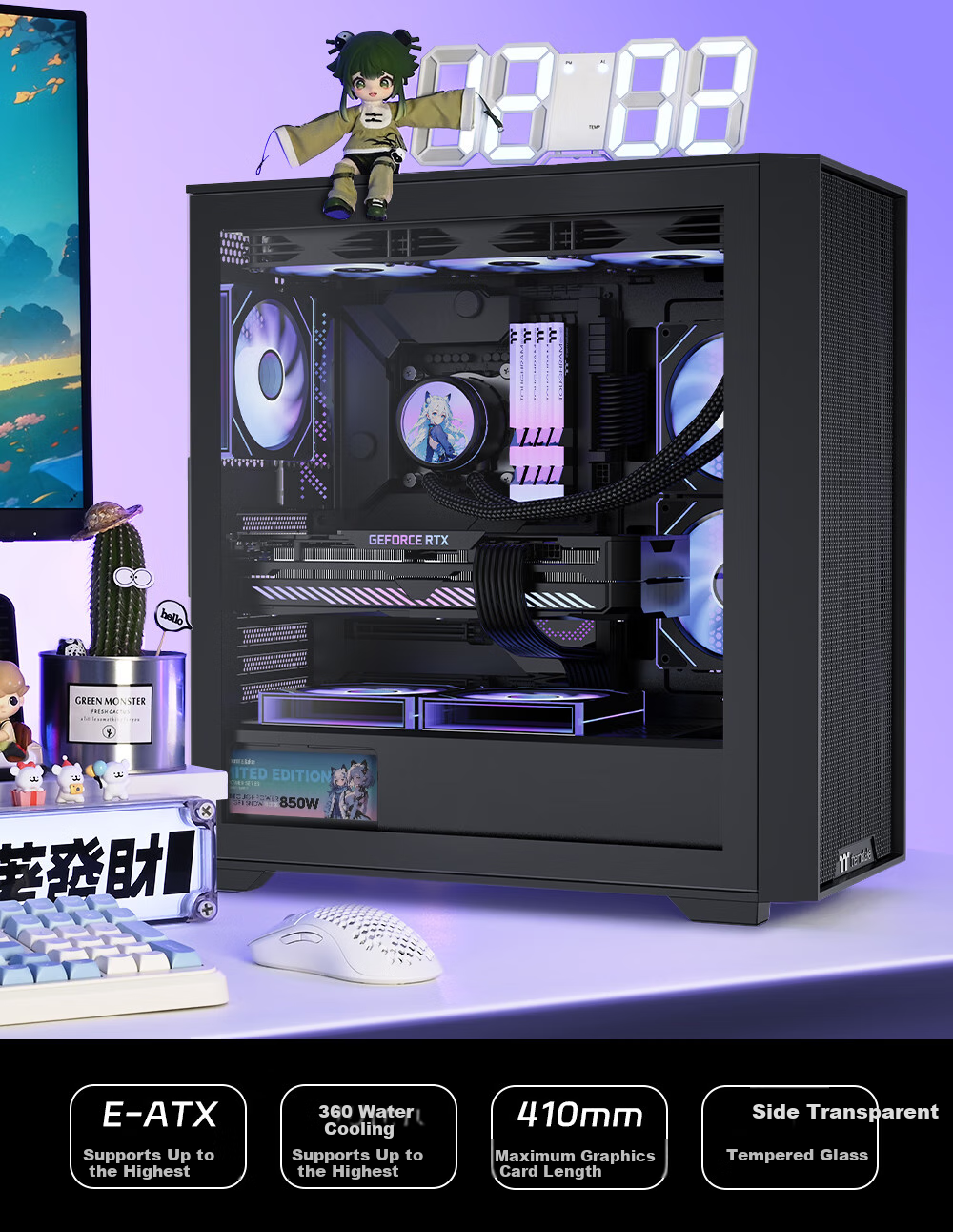 Thermaltake (Tt) Steel Shadow Wind S Black Case Water-Cooled Computer Tower (Supports EATX/Tempered Glass Side Panel/Supports 360mm Water Cooling/High Compatibility/4090 Graphics Card) 2
