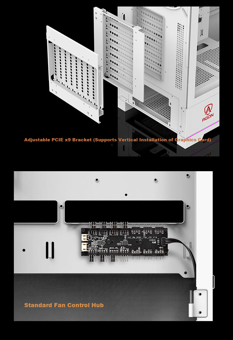 AOC AICG860W White EATX Gaming Computer Case with Three-Sided Glass View, Quick-Release Design, 9-Slot Dual Graphics Card Support, 480mm Water Cooling Compatible, Functional Display Scree 11