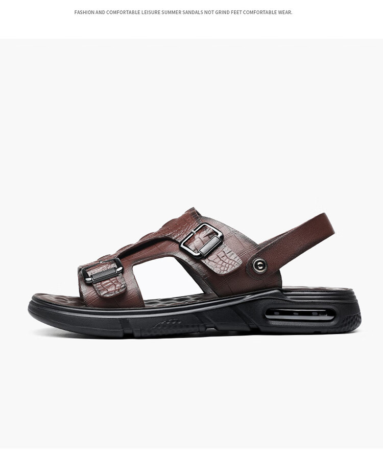 PLAYBOY Leather Sandals for Men, Summer Casual Beach Shoes, Breathable Slippers for Outdoor Wear, Dark Brown, Size 43 5