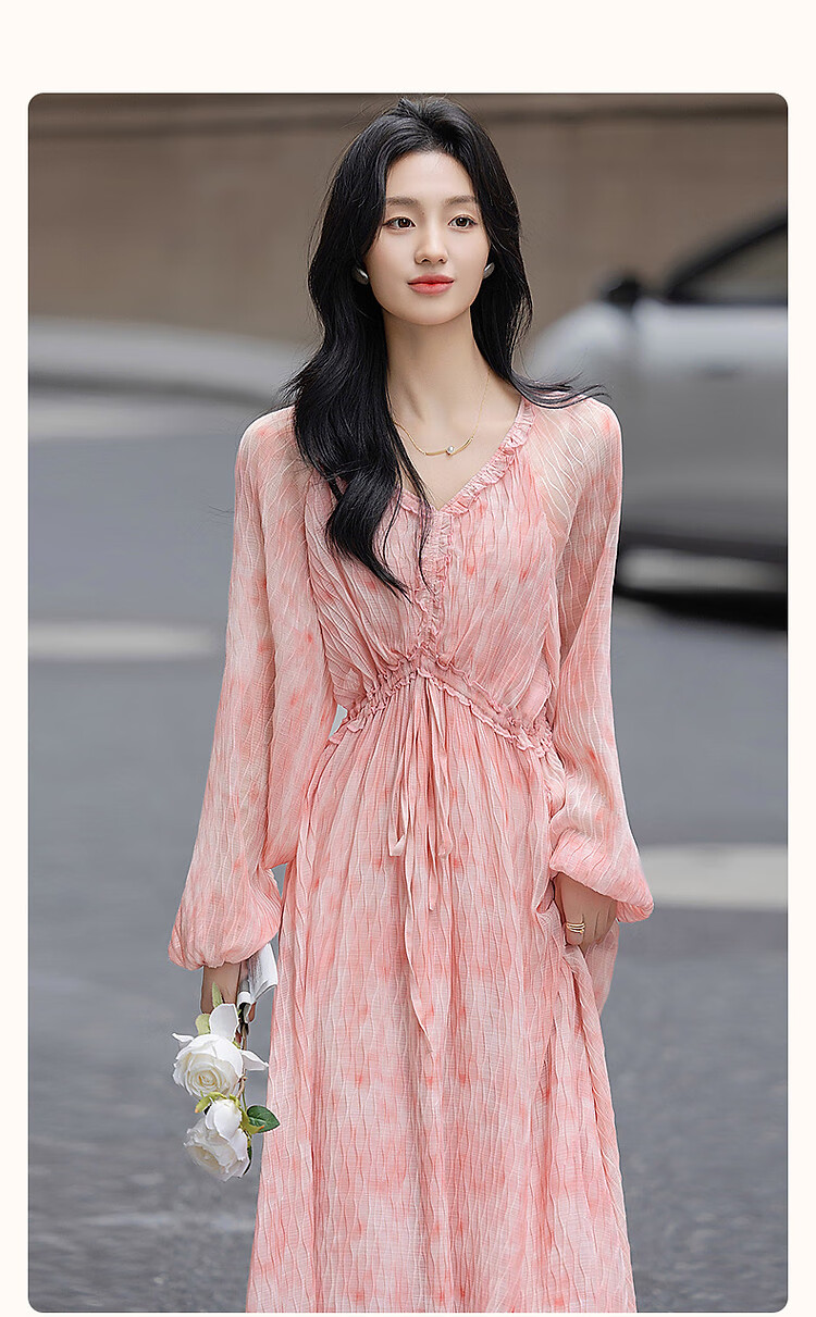 Dme [French-Style Muse] Spring Lightweight Wrinkle-Resistant Chiffon Floral Fairy Dress, Waist-Cinching Ruffle Trim Women's Dress 3