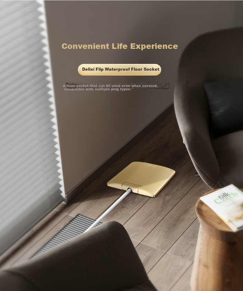 DELIXI Switch Socket, Gold Five-Hole Copper Floor Socket, Flip-Cover Waterproof Floor Socket (Including Concealed Box) 13