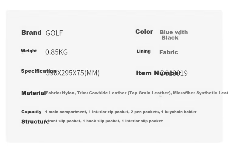 GOLF Business Briefcase for Men, Stylish Nylon Water-Resistant Large Capacity Handbag, Multifunctional Horizontal Style Shoulder Crossbody Casual Men's Bag 5I568364J Blue with Black 7