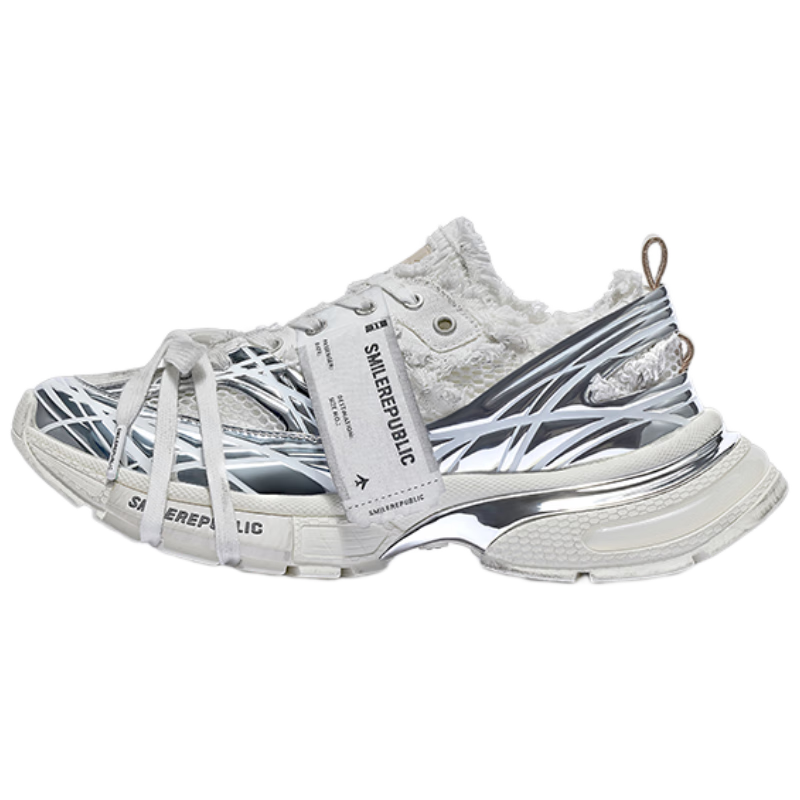 Smilerepublic SKYLINE Silver And White Vintage Series Mesh Handmade Dad Shoes, Height-Increasing Versatile, Silver Vintage, Size 38
